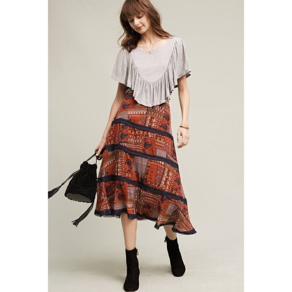 Eva Franco Anrhropologie Patchwork Midi Skirt red tiered